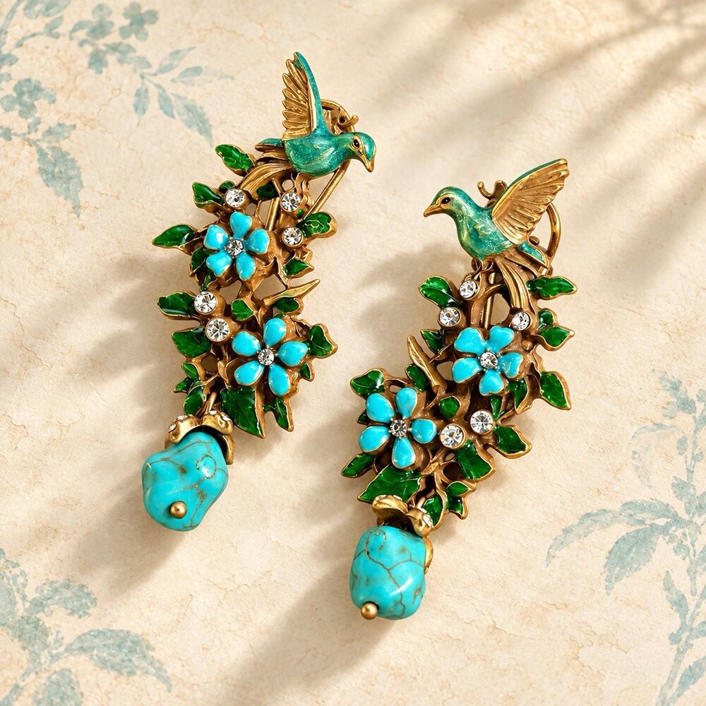 Bird Flower Turquoise Earrings VTG Antique Museum Art Nouveau Gold Baroque CZ
